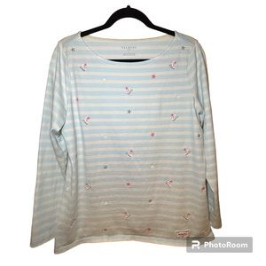 Talbots Authentic Pale Blue and Cream Embroidered Striped Tee Size X